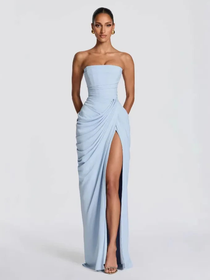 Women Sexy Solid Pleated Strapless Dress Lady Chic Off-shoulder Backless High Waist Split Dresses 2026 New Evening Party Gown