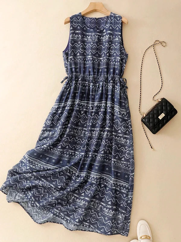 Bohemian Print Vest Dress Women's plus Size Elegant Skirt Casual A-Line Long Dress round Neckline Sleeveless Spring Summer