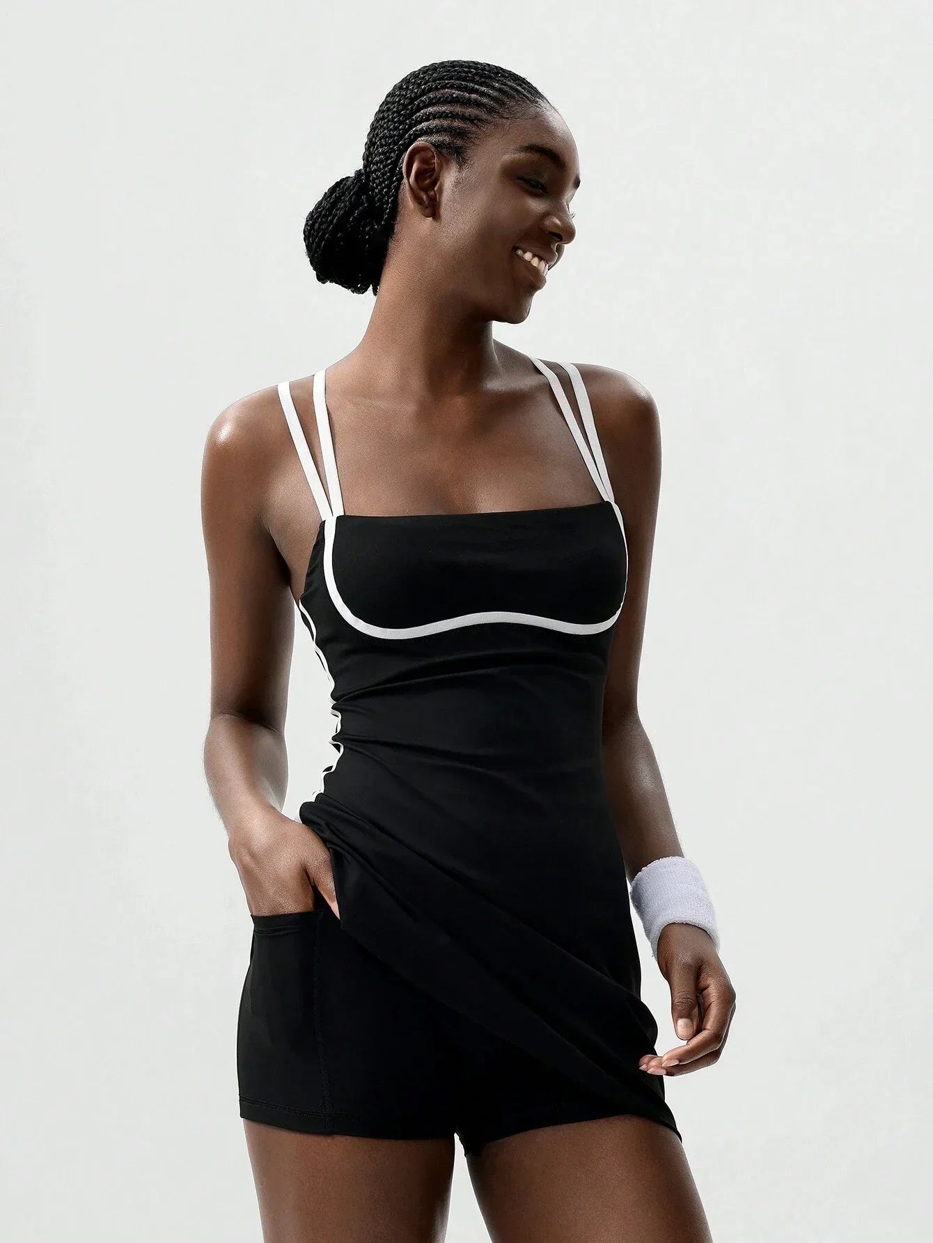 Black Striped Backless Active Dress For Women Tennis Yoga
