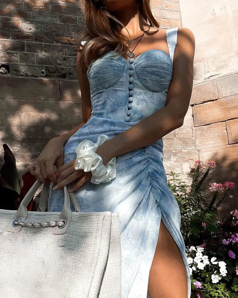 Blue Printed Women's Dress with Suspenders Split High Waist A-Line Gown V-Neck Sleeveless Summer Commute Simple Style Long Dress
