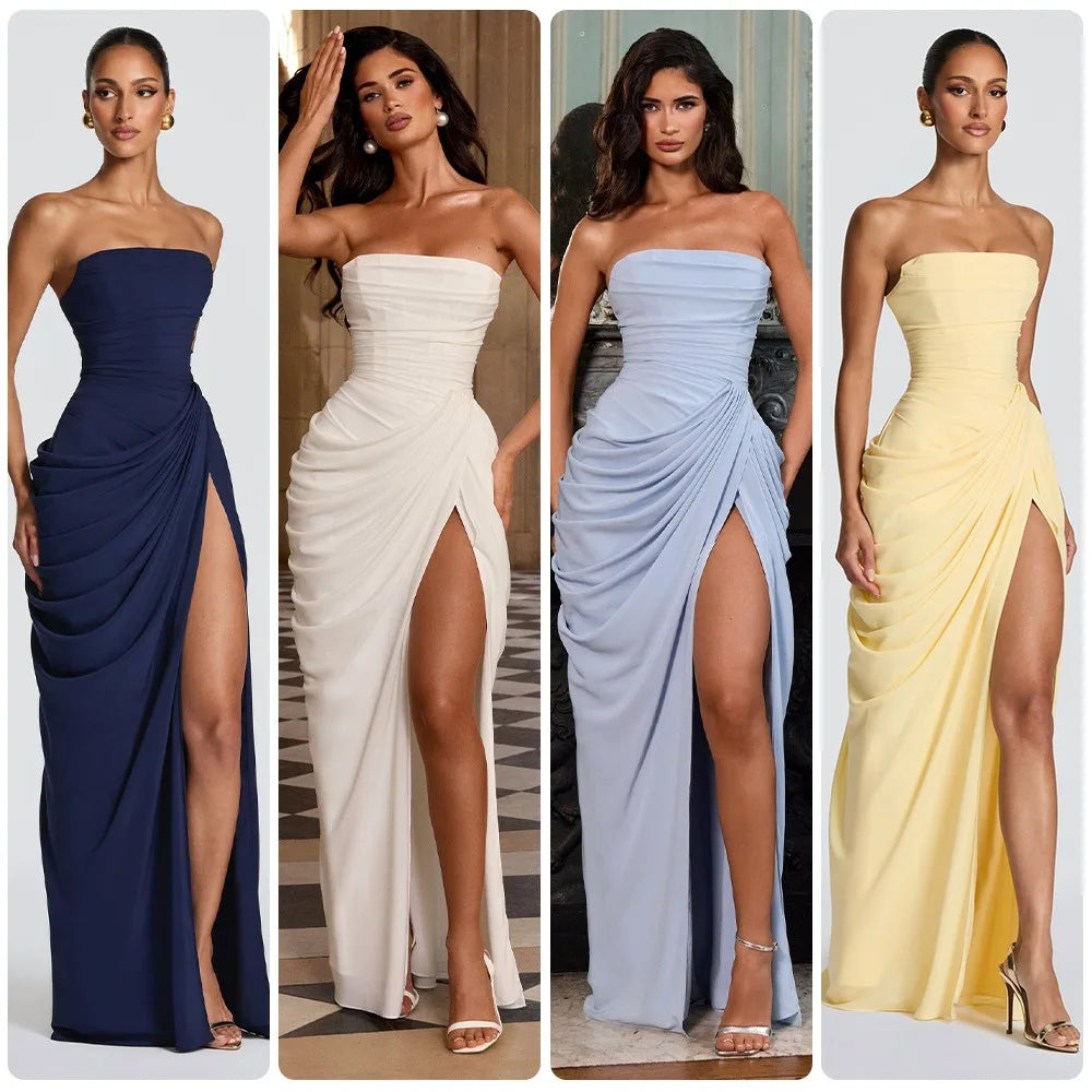 Women Sexy Solid Pleated Strapless Dress Lady Chic Off-shoulder Backless High Waist Split Dresses 2026 New Evening Party Gown
